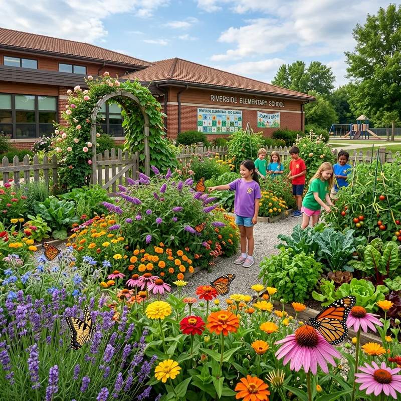 A lush butterfly and edible plant garden blooming in a school yard