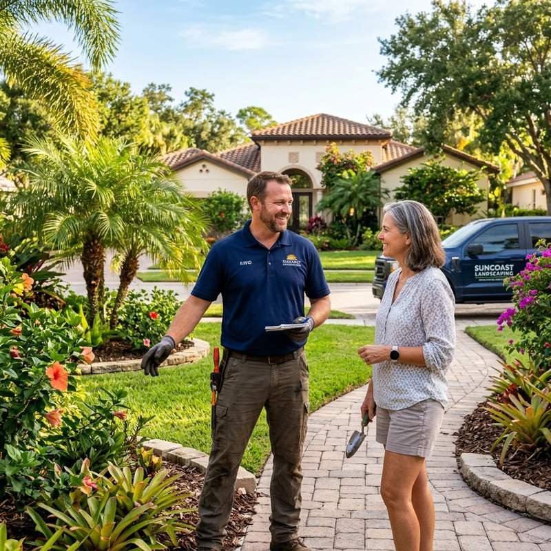 Alex Metcalfe consulting with a St. Pete homeowner in their yard