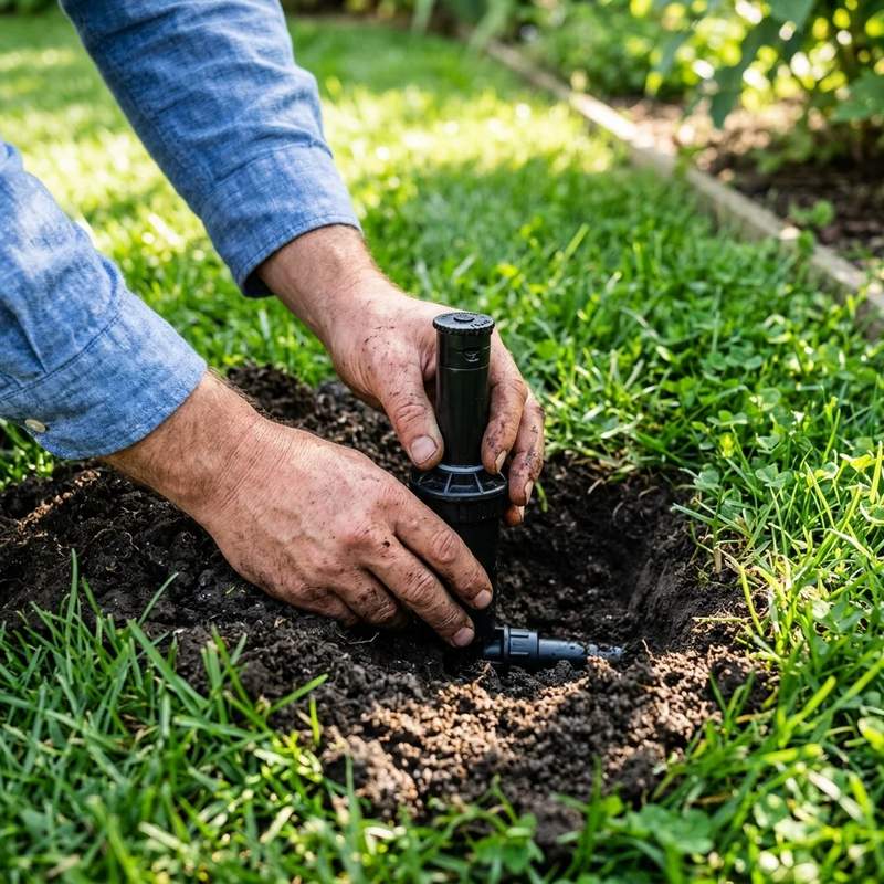 Close up of installing a sprinkler system head in residential soil