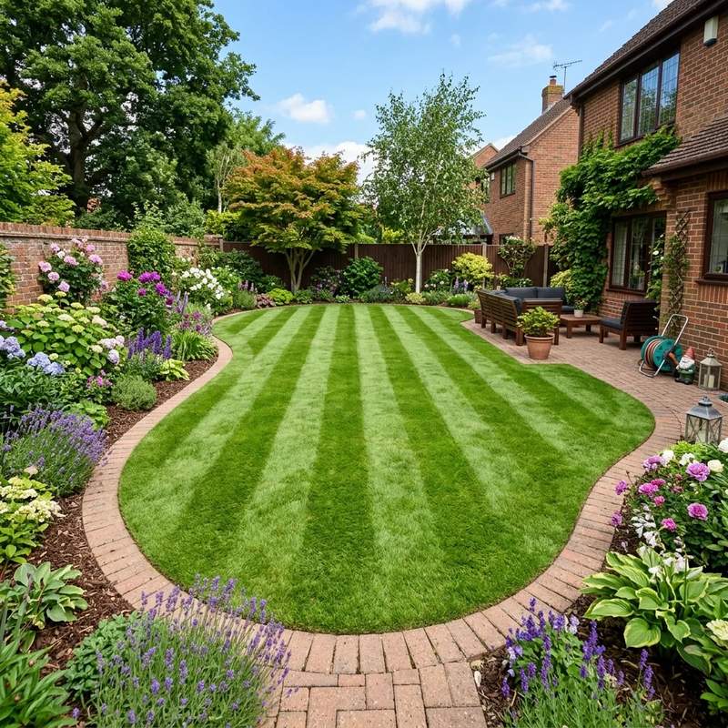 Clean trimmed grass borders along a brick pathway