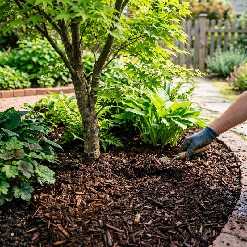 Fresh layer of dark mulch spread evenly around garden bed bases