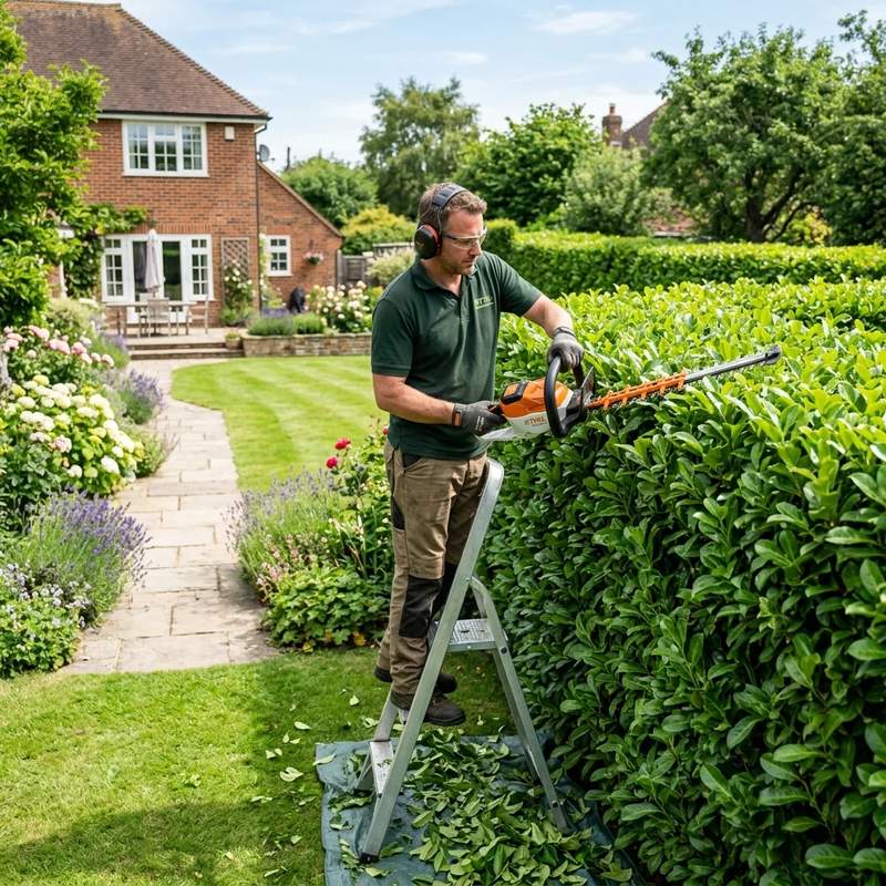 Worker trimming hedges to form a neat boundary