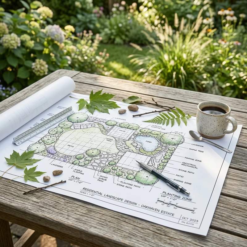 Landscape layout blueprint on a table overlooking a sunlit yard