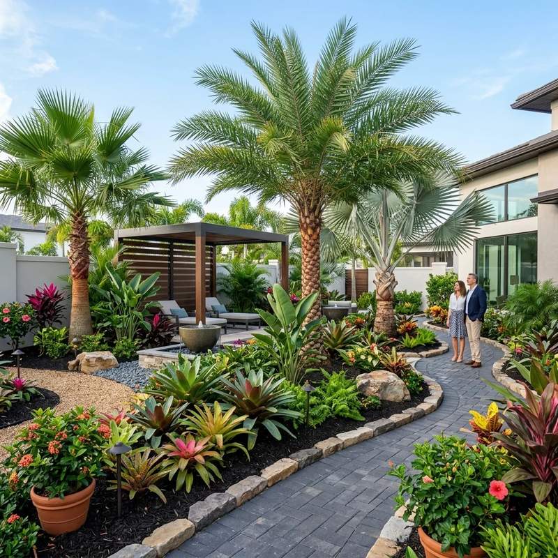 A selection of premium specimen palm trees and plants ready for transport