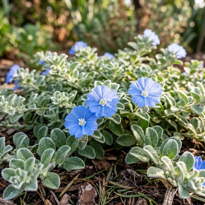 Vibrant blue flowers blooming on silvery-green foliage