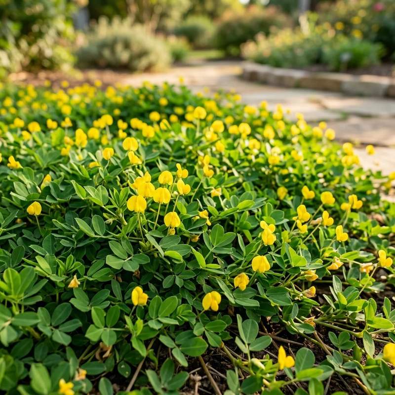 Dense green lawn replacement cover with small yellow flowers