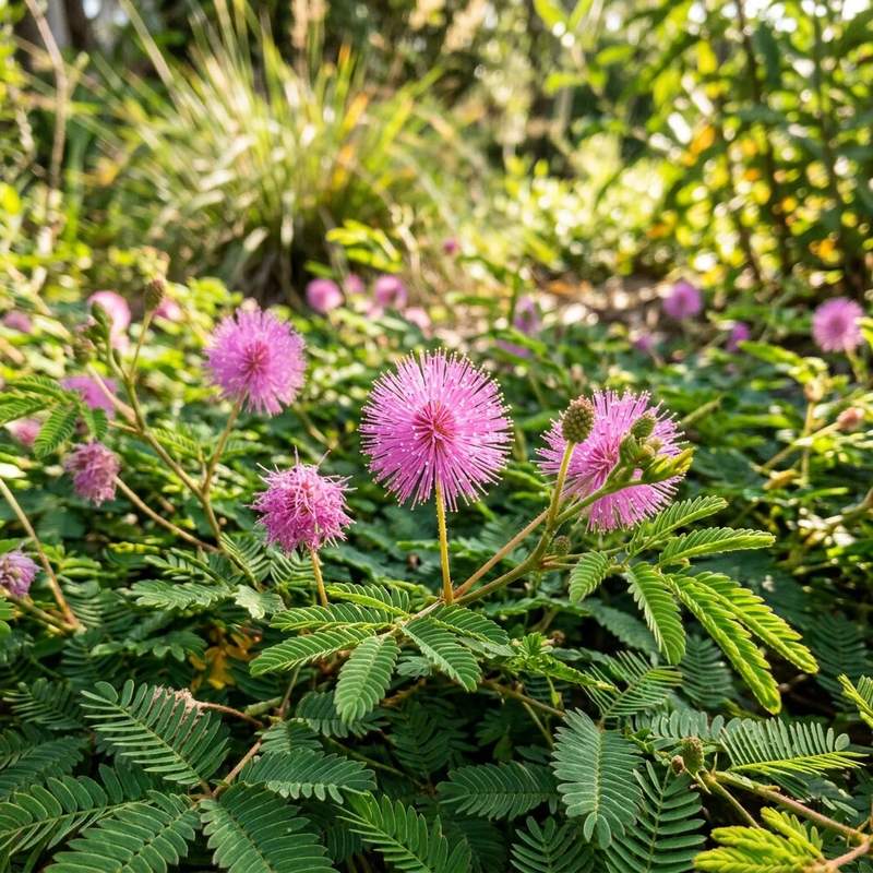 Groundcover layout displaying bright pink powderpuff flowers