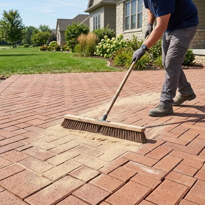 Polymeric sand swept cleanly into paving joints before misting