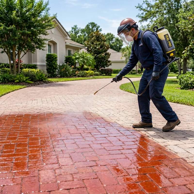 Worker spraying a high grade sealant onto driveway pavers