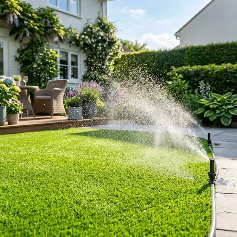 Quick water spray cooling the surface of a synthetic grass patio
