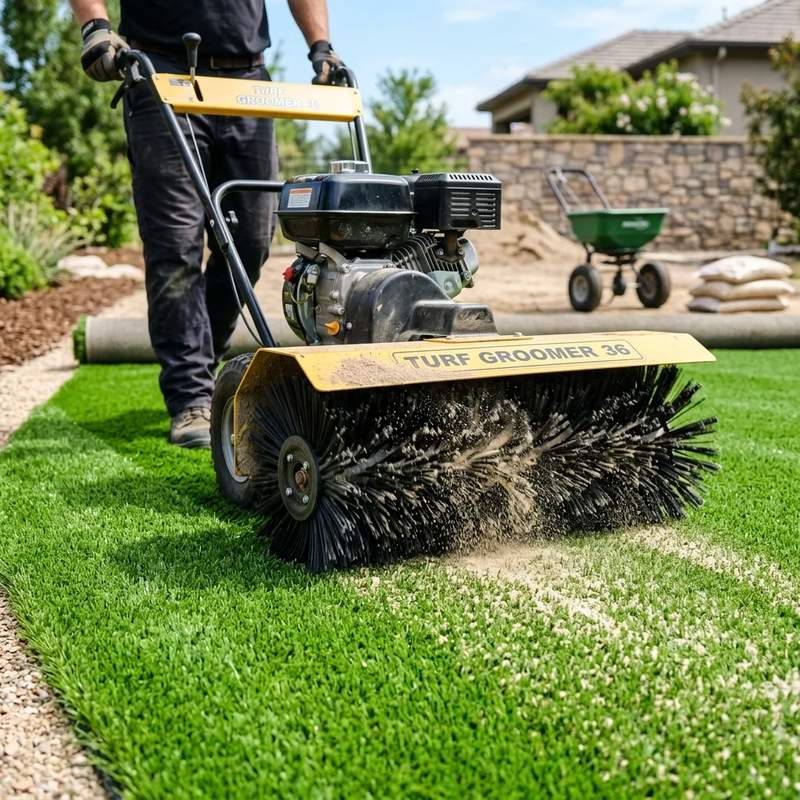 Close up of infill sand brushed into synthetic turf blades